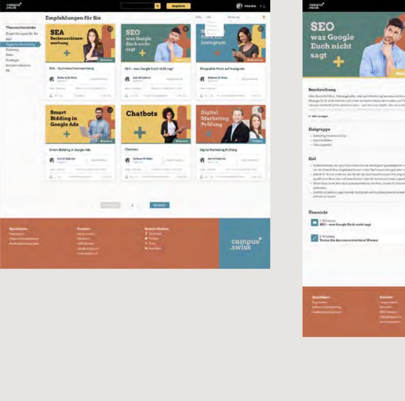 Campus.swiss marketplace interface: recommended courses in a card layout.