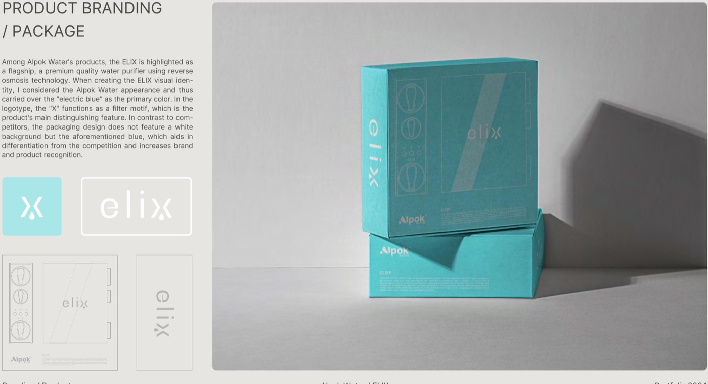 ELIX water purifier packaging and identity board.